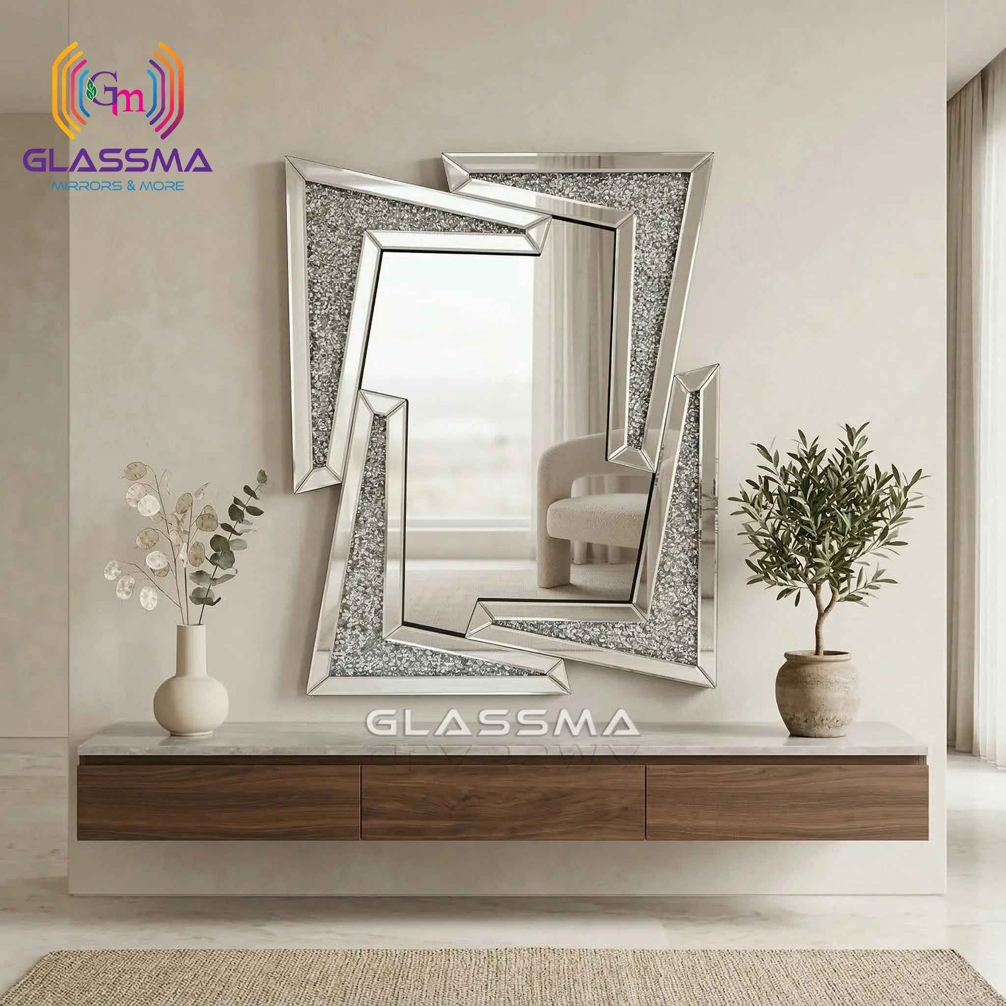 Diamond Designer Wall Mirror - Luxury Crystal Decorative Mirror for Living Room & Bedroom - Glassma